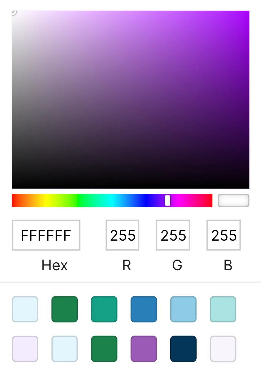 The colour picker: a purple gradient field, a hue slider, hex and RGB boxes, and two rows of saved swatches.
