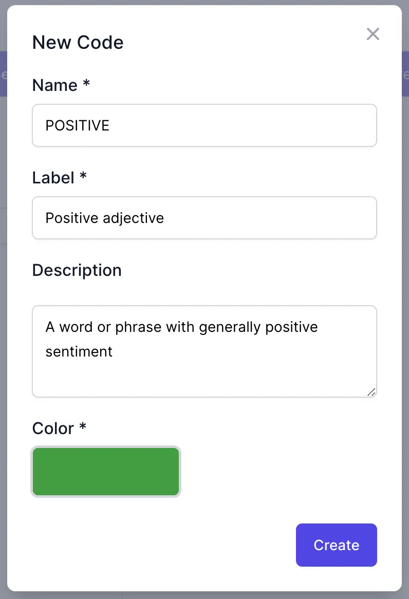 The New Code dialog, with name POSITIVE, label 'Positive adjective', a description and a green colour swatch.