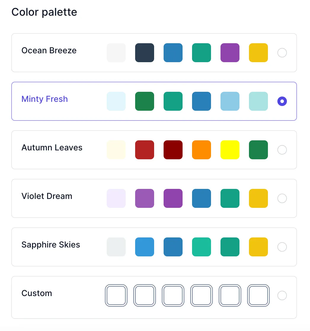 The Color palette settings, listing Ocean Breeze, Minty Fresh (selected), Autumn Leaves, Violet Dream, Sapphire Skies and Custom, each with six swatches.