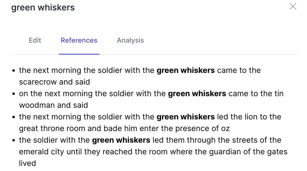 The References tab for 'green whiskers', listing four sentences from The Wonderful Wizard of Oz with the phrase in bold.