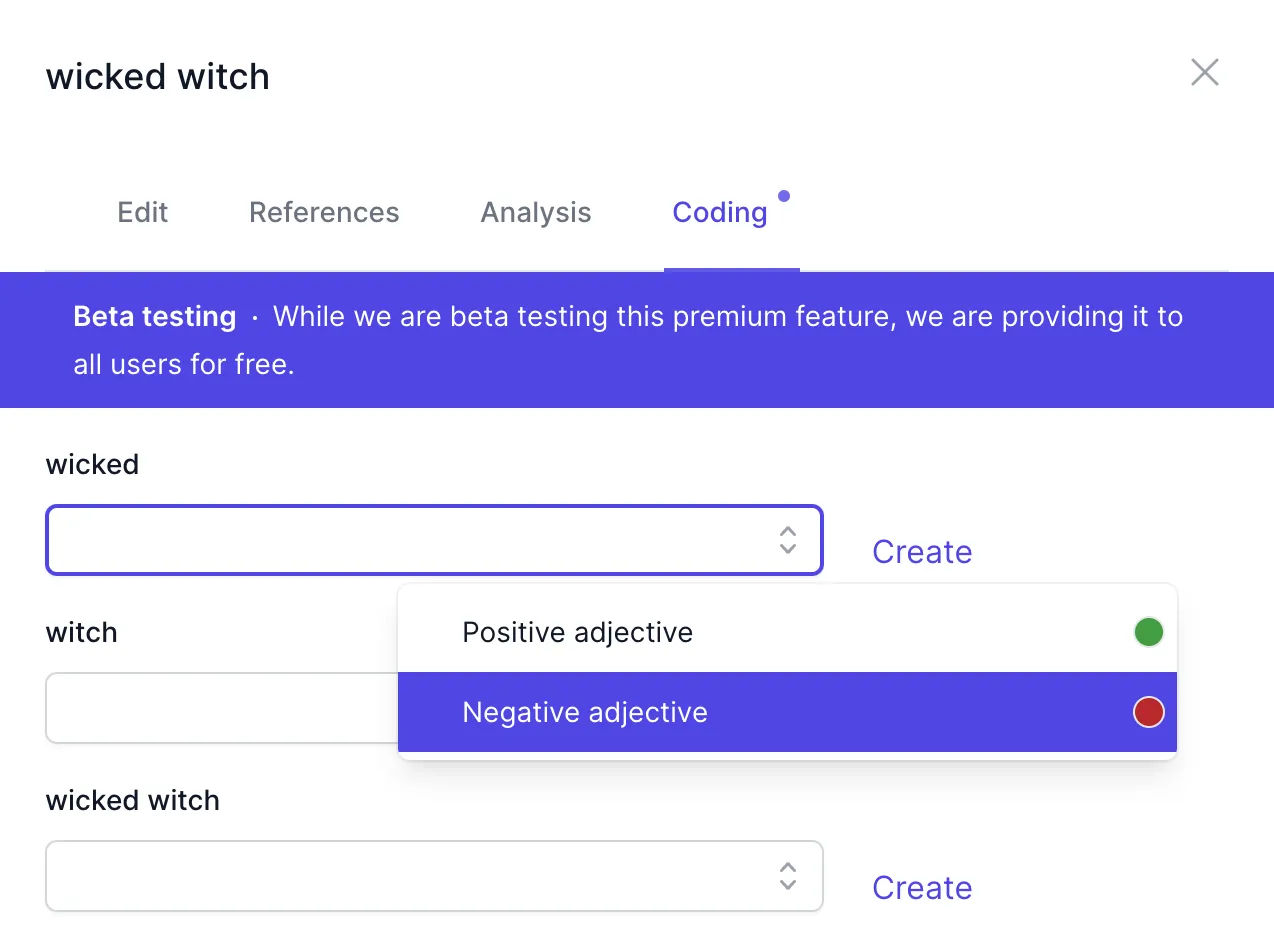 The Coding tab for 'wicked witch', with a dropdown offering 'Positive adjective' and 'Negative adjective'.