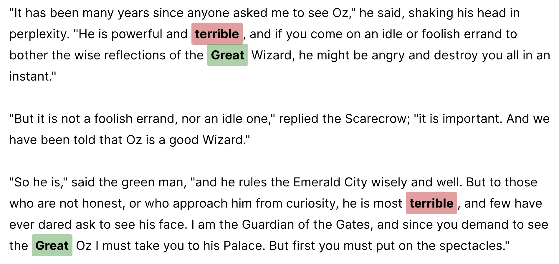 Text from The Wonderful Wizard of Oz with 'terrible' highlighted in red and 'Great' in green by the applied codes.