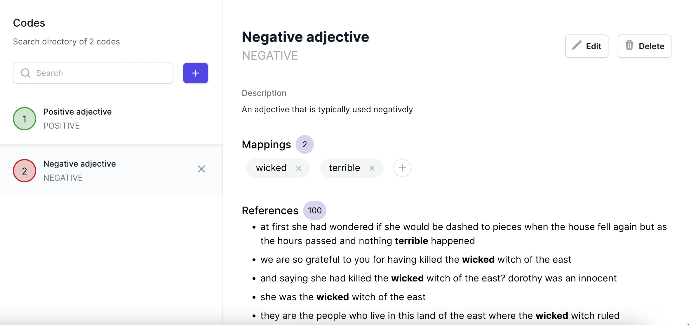 The Codes screen showing the Negative adjective code, its mappings 'wicked' and 'terrible', and 100 references.