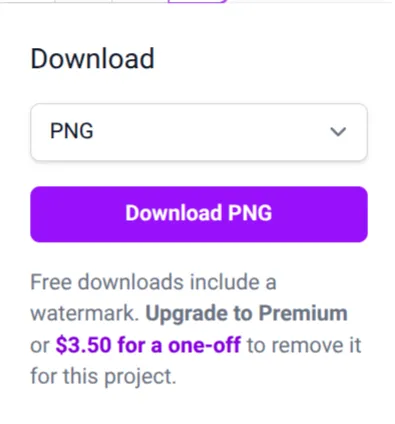 The Word Cloud Plus download panel with PNG selected, noting that free downloads carry a watermark and that Premium or a $3.50 one-off payment removes it.