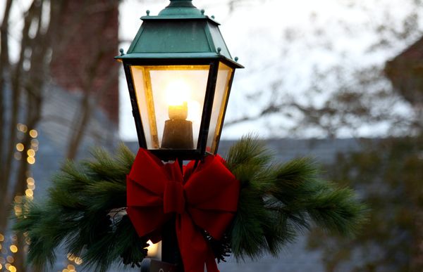 Photo of a street lamp with Christas decoration